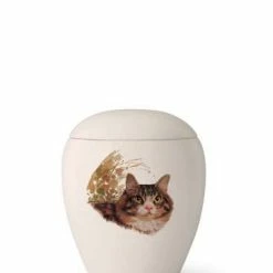 Völsing Tierurne Siena | Seidenmatt Creme-weiß Glasiert | Mit Gemalten Motiven | 0,5 L Volumen | Katzenbedarf