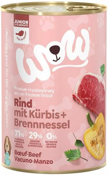 WOW JUNIOR Hundefutter mit Rind, Kürbis & Brennnessel | 6x Futterdosen für Welpen & Junghunde 1 WOW JUNIOR Hundefutter mit Rind, Kürbis & Brennnessel | 6x Futterdosen für Welpen & Junghunde