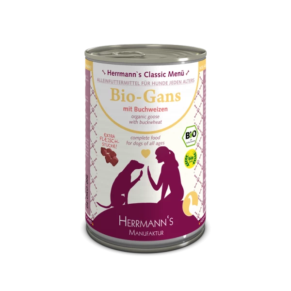 Herrmanns BIO-Menü | Mit Gans & Buchweizen | 6x400g Hundefutter | Natürliches Hundefutter | Ohne Zusatzstoffe 1 Herrmanns BIO-Menü | Mit Gans & Buchweizen | 6x400g Hundefutter | Natürliches Hundefutter | Ohne Zusatzstoffe