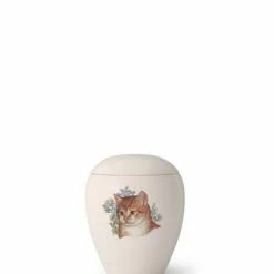Völsing Tierurne Siena | Seidenmatt Creme-weiß Glasiert | Mit Gemalten Motiven | 0,15 L Volumen | Katzenbedarf