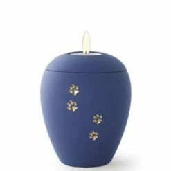 Völsing Tierurne Siena | Einfarbige Katzenurne mit goldenem Pfötchen | Samtoberfläche & Gedenklicht